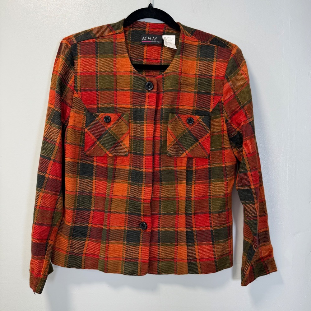 Vintage MHM Melissa Harper Plaid Jacket Orange Red Green Button Front Size 12